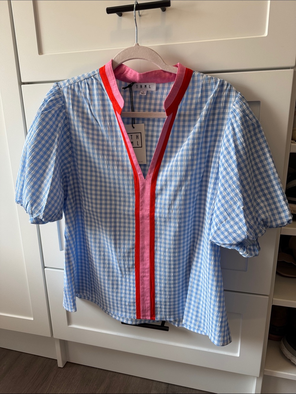THML Blue Gingham Blouse with Pink and Red Trim